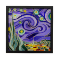 Framed artwork resembling 'The Starry Night' with swirling patterns and landscape.