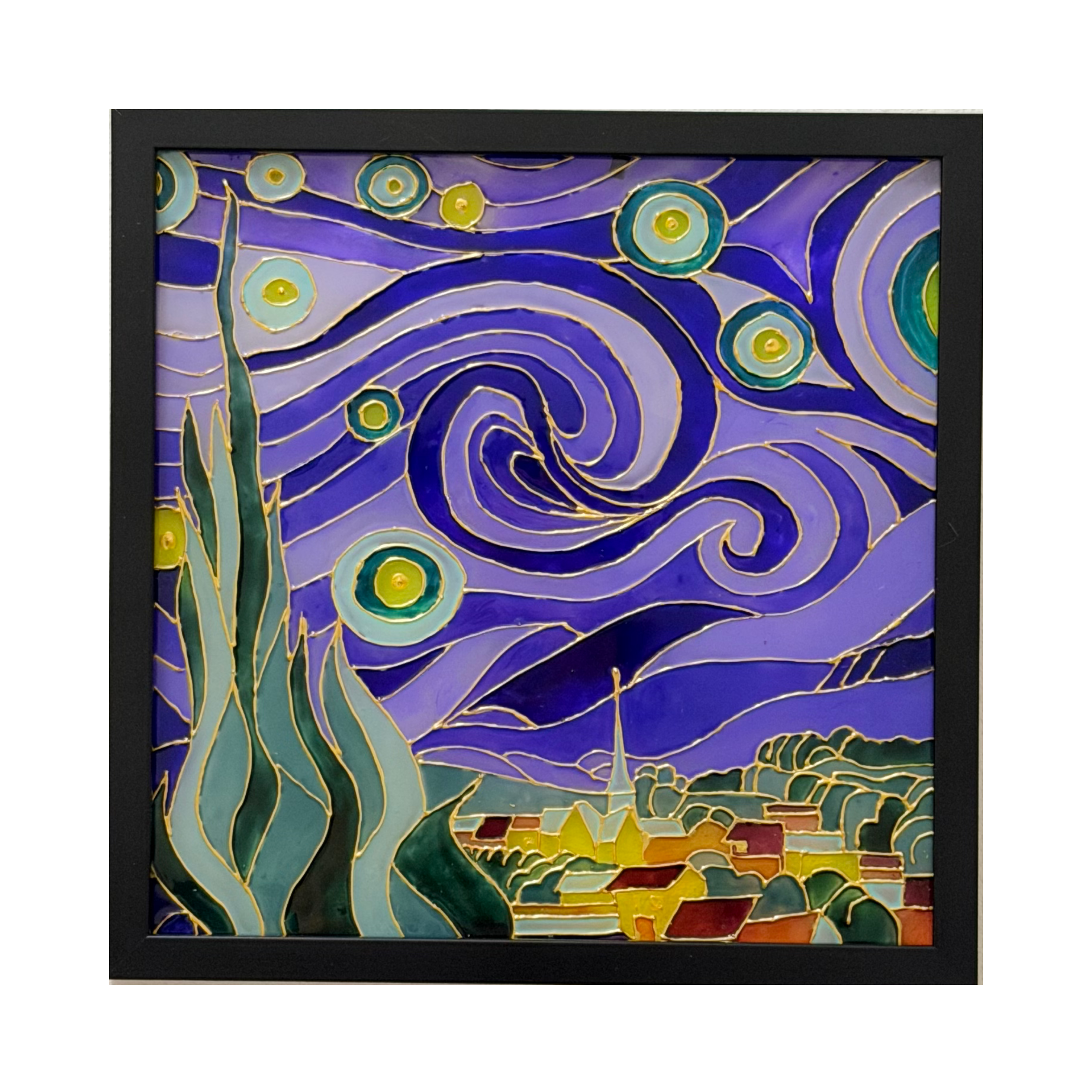 Framed artwork resembling 'The Starry Night' with swirling patterns and landscape.