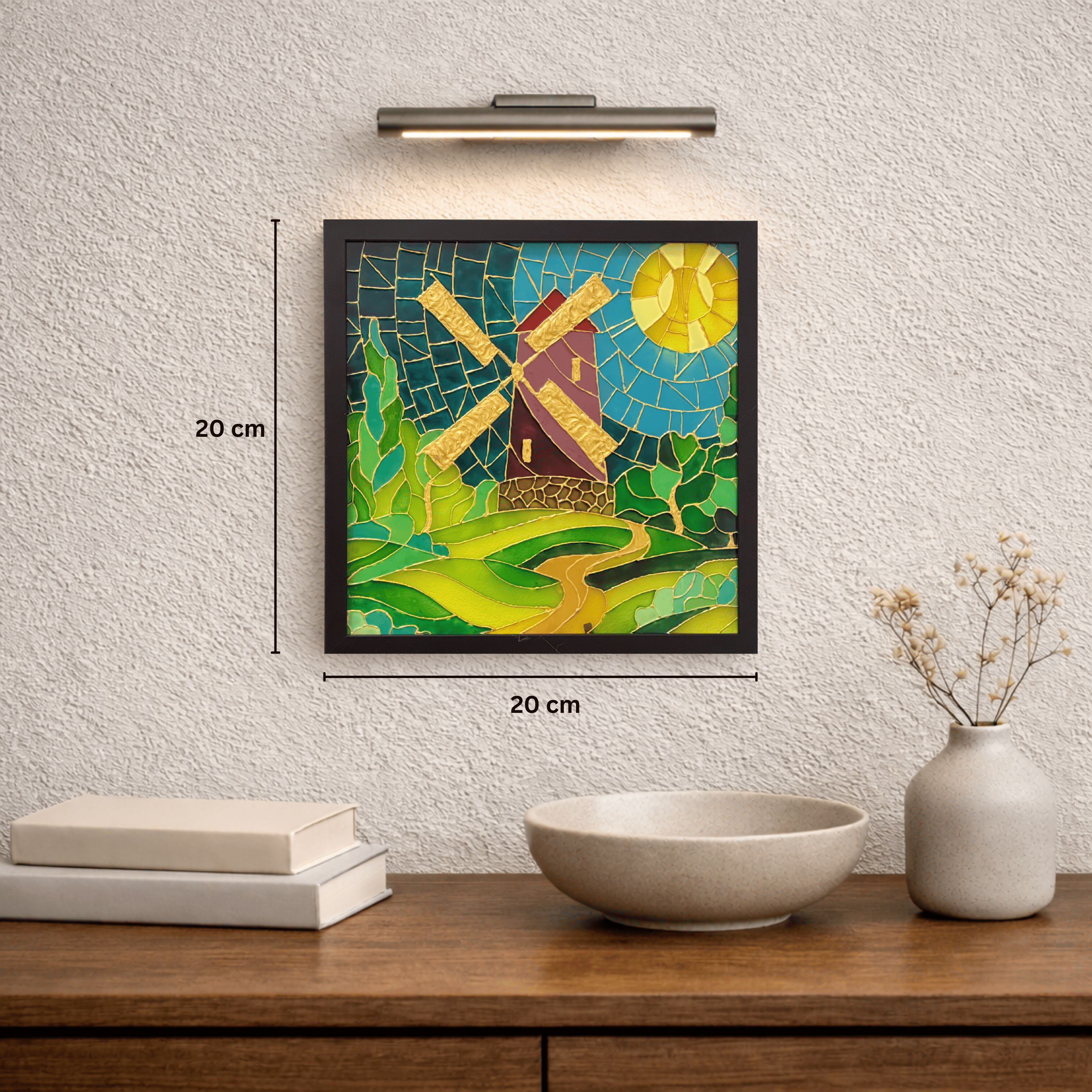 A Dutch mill art work on a wall